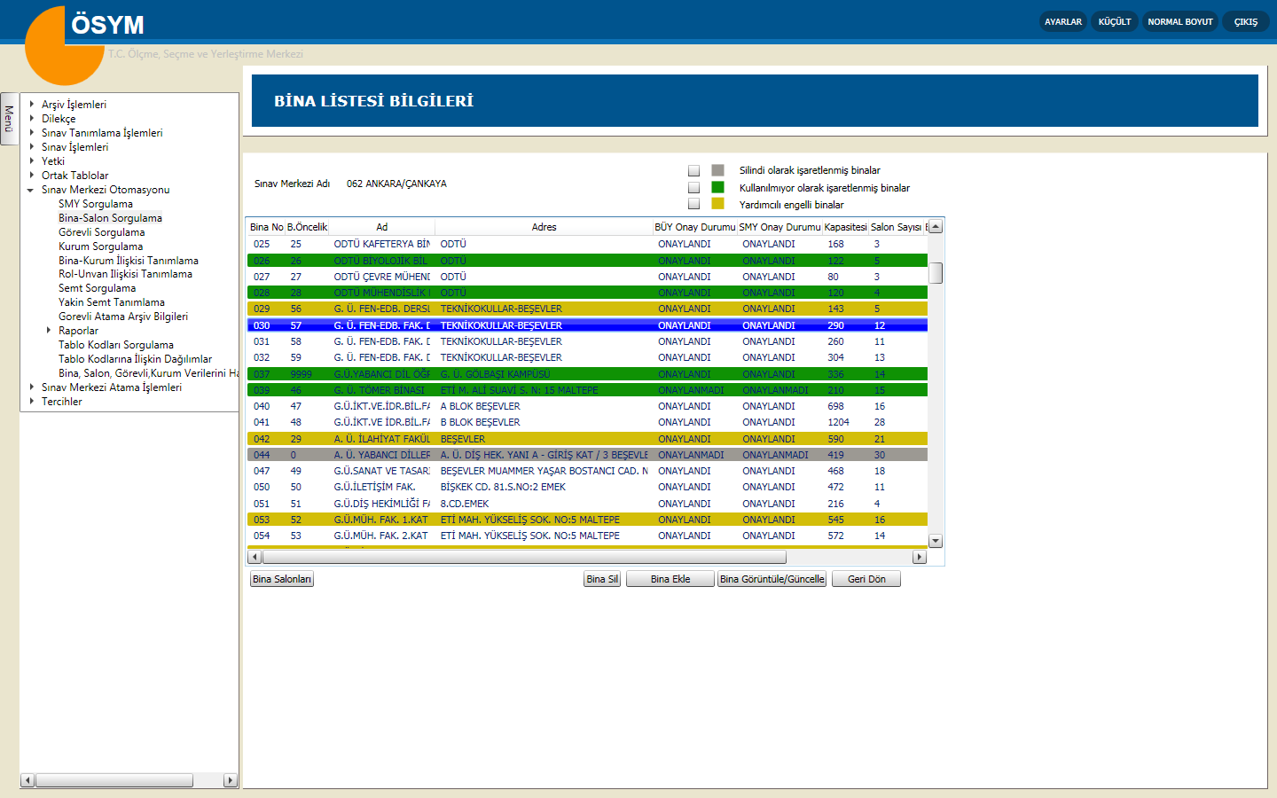 Şekil 2: Sınav Merkezi Otomasyonu / Bina-Salon Sorgulama/ Sorgula Şekil 2' de görülen ekranda, listelenen bina kayıtlarının silinip silinmediğini, binanın kullanılıp kullanılmadığını, yardımcılı