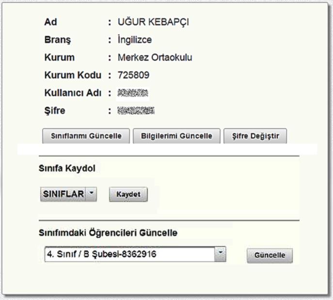 2 BİLGİ AKTARIM İŞLEMLERİ Öğretmenleri sisteme aktarmak için ilk işlem Sınıflarımı Güncelle butonuna basmaktır. İlk gelen ekranda alt kısım boştur ve sadece resimde görülen butonlar bulunur.