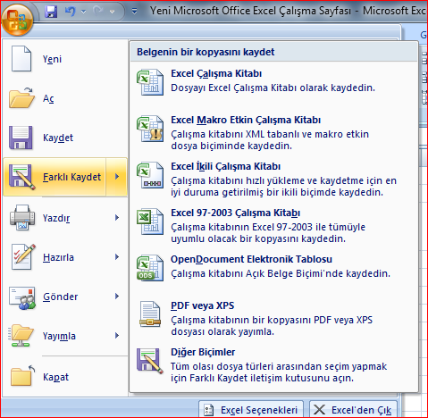 OFFICE DÜĞMESİ Office 2007 de olan sol üst köşedeki düğmedir. Diğer Office programlarında genelde Dosya Menüsü olarak geçer.