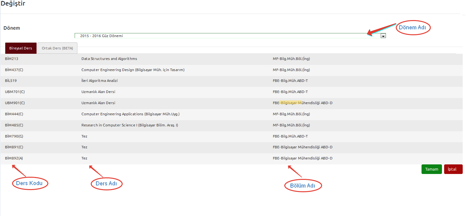 Seçtiğiniz dönemde verdiğiniz derslerin listesi görüntülenecektir, üzerinde işlem yapacağınız dersi seçin ve Tamam ı tıklayınız.