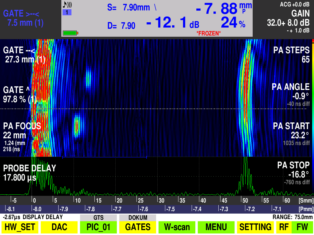 Raporlama yapmak için DIO 1000 Phased Array cihazından alınan ekran görüntüsü (Screen View