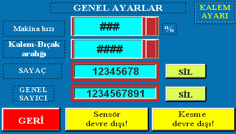 SÜRE AYARLARI EKRANI Bu ekranda bıçak kesme süresi ve kalem vurma süresi milisaniye cinsinden hasas bir şekilde ayarlanır.