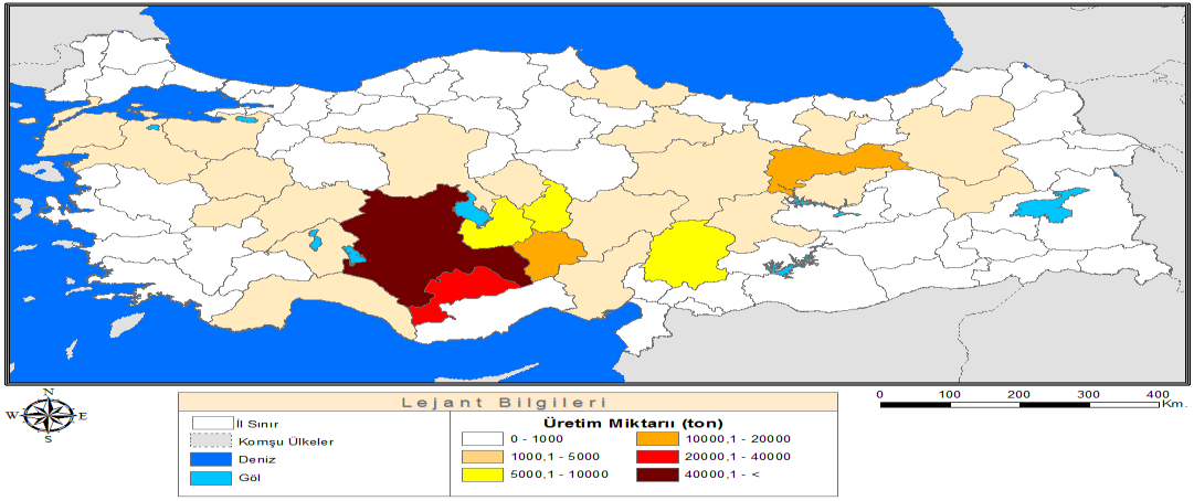 Üretim Miktarı (ton) Ekim Alanı (ha) Verim (kg/ha) Şekil 4.29. Türkiye kuru fasulye ekim alanı, üretim miktarı ve verim (1980-2013) 300.000 250.000 200.000 150.000 100.000 2.500 2.000 1.500 1.000 50.