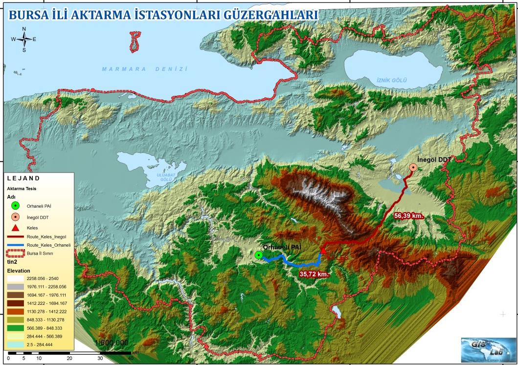 Şekil 11-21 Keles İlçesinden PAİ ve DDT lere olan güzergâhların topografik durumu Analiz 2 İnegöl DDT ve Orhaneli PAİ ile atıkları alınacak Keles ilçesi arasındaki en optimum güzergahların eğim ve