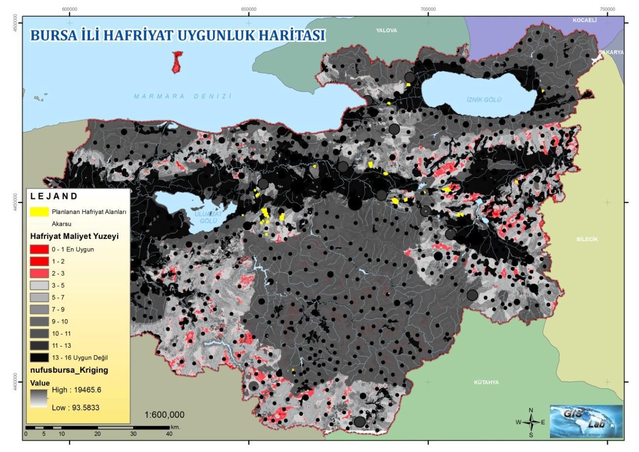 Şekil 11-26 Bursa ili hafriyat alanları uygunluk haritası Bursa ili için yerleşim merkezinden