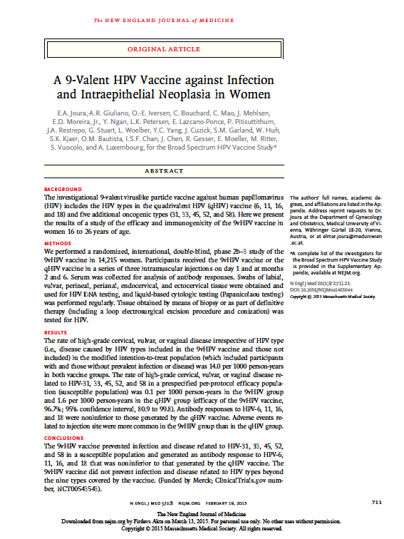 14215 kadını içeren randomize çift kör çalışma Duyarlı populasyonda HPV-31, 33, 45, 52, 58