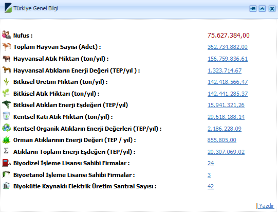 Türkiye Genel Bilgisine ulaşmak için analiz seçim ağacından Türkiye Genel Bilgi butonuna