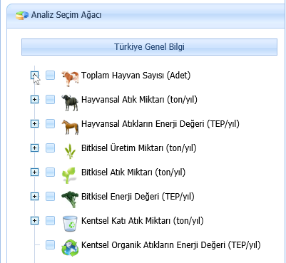 2.1 Sığır (Kültür) Analizi Örneği Sığır (Kültür) analizi yapmak için analiz seçim ağacından ilk olarak Toplam Hayvan Sayısı (Adet) in + simgesine tıklanarak alt ağaç açılır.