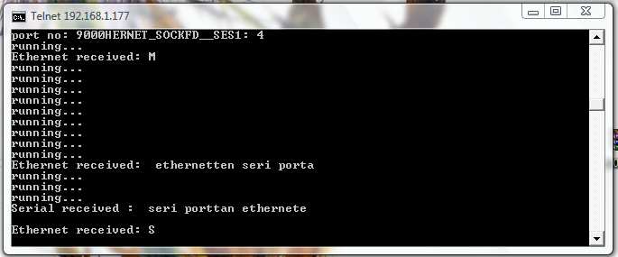 Sekil 11: C# ile geliştirilen GUI Yukarıdaki şekilde Ethernet üzerinden gönderilen verinin seri porta ulaşması ve hyper terminal ile görüntülenmesi verilmektedir.