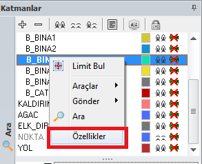 Stil-Alan Bölümünden Doku Kapla Aktarılacak objeye ait alan taraması tabaka üzerinden özellikler alan sekmesinden de yapılabilmektedir.