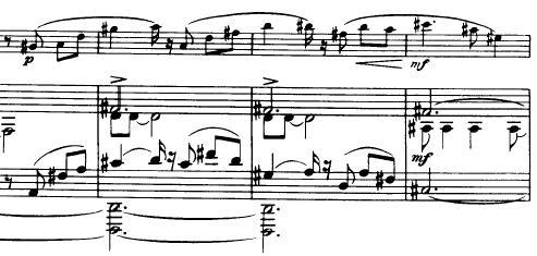 AKÜ AMADER / SAYI 2 55 Örnek 9: Francis Poulenc in Obua ve Piyano Sonatı nın 2. Bölümü 102 105. Ölçüler (Scherzo) Bu melodinin sonunda piyanonun sağ elinden aksanlı olarak uyumsuz beş nota duyulur.