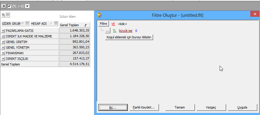 Ön filtre penceresinde ve veya bağlaçları ile filtreler eklenir. Aşağıdaki TL tutarına büyük 0 filtresi uygulanmıştır.