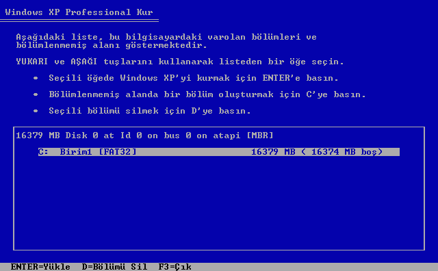 7 Windows XP'yi kurmak istediğimiz sabit diski