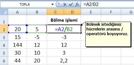 Formüller Bölme İşlemi : İşlem