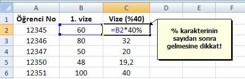 Formüller Yüzde İşlemi : Herhangi bir