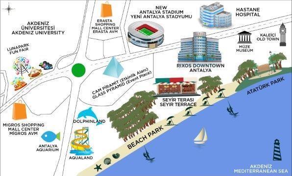 Akdeniz Üniversitesi - 2km Expo Kongre Merkezi: 17 km Migros AVM - 1 km Antalya Akvaryum - 2 km Aqualand - 1,5 km Dolphinland - 1,2 km Erasta AVM 2,8 km Seyir Terası - 0,1 km LOKASYON