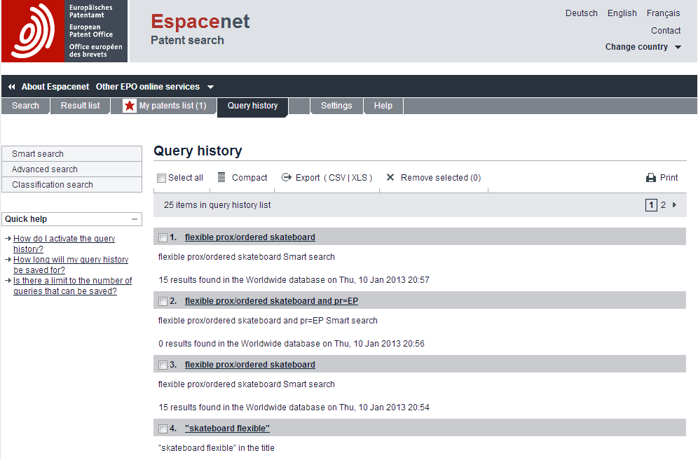 Espacenet Query History