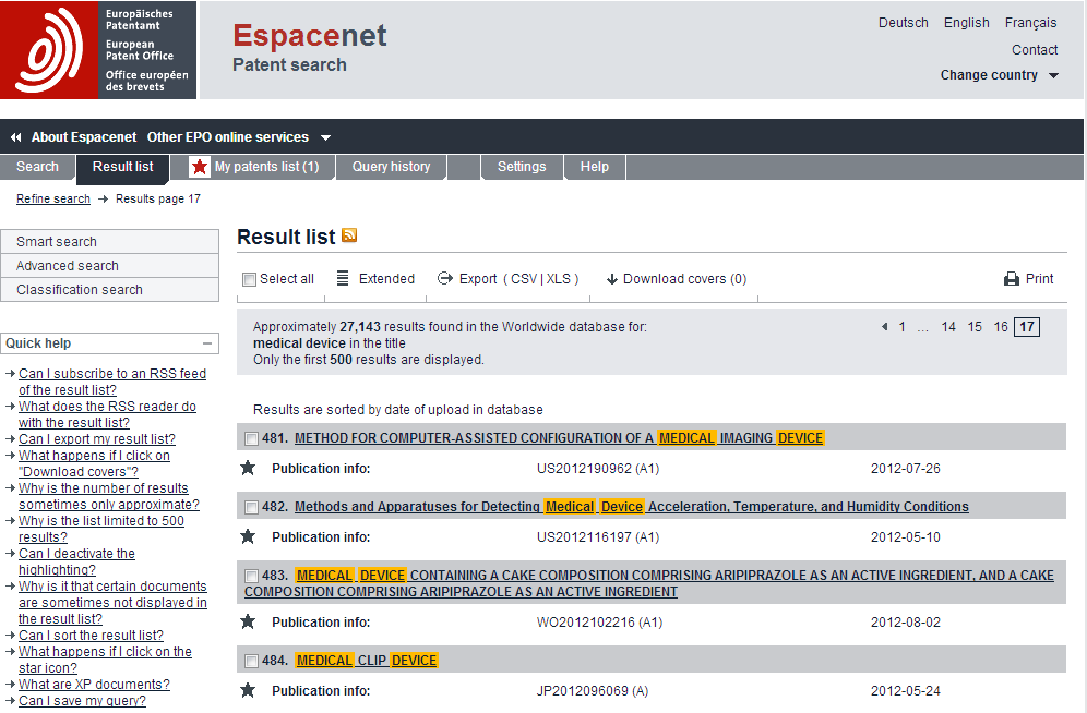 Espacenet Görüntüleme Sadece İlk 500 patent