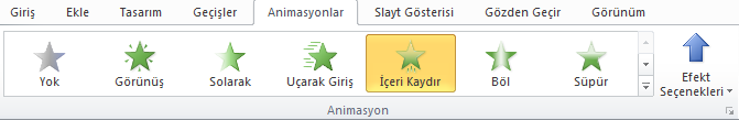 ANİMASYONLAR SEKMESİ Önemli noktalara odaklanmanın, bilgi akışını denetlemenin ve sununuzu görüntüleyenlerin ilgisini çekmenin yollarından biri de animasyon kullanmaktır.