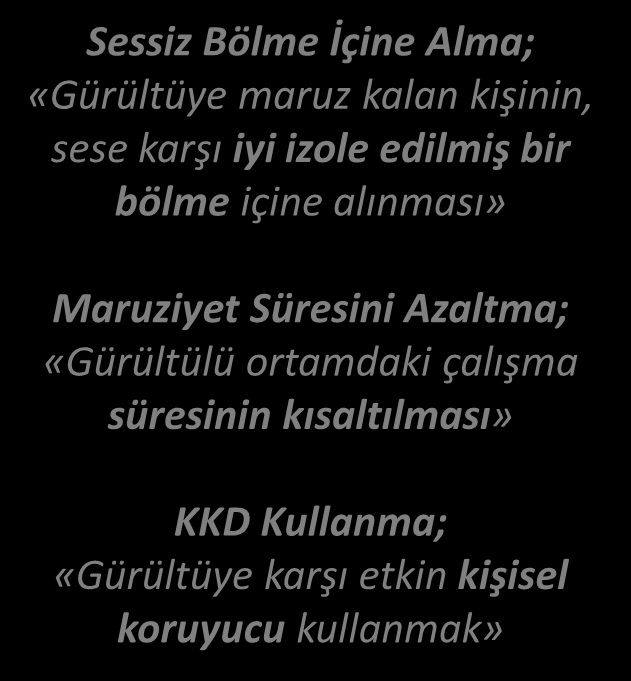 3. Risklerden Kontrol Yöntemleri KAYNAKTA ALINMASI GEREKEN ÖNLEMLER ORTAMDA ALINMASI GEREKEN ÖNLEMLER KİŞİDE ALINMASI GEREKEN ÖNLEMLER Makinenin Değiştirilmesi; «Kullanılan makinelerin, gürültü