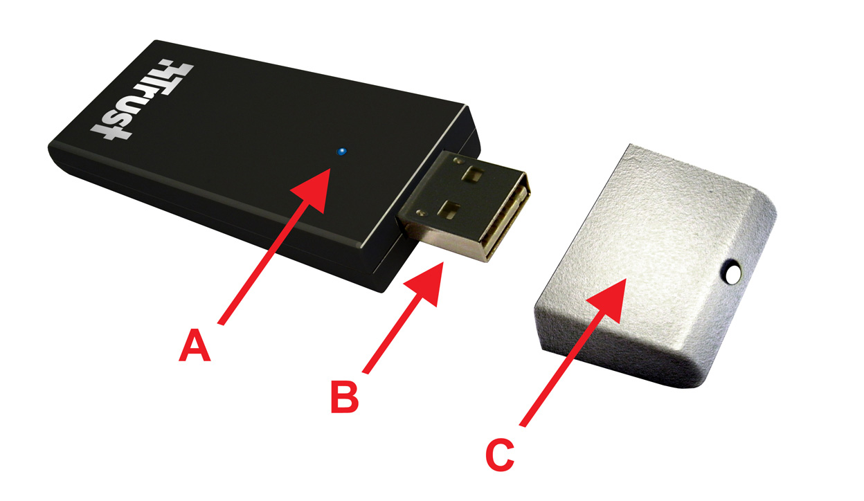 Ürün bilgileri A: Güç/Bağlantı LED göstergesi (Bağlantı: LED göstergesi açık/yanıp sönüyor) B: USB.