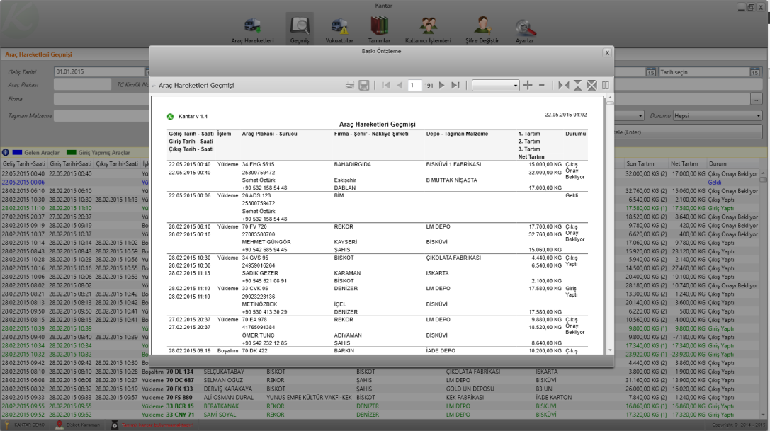 GEÇMİŞ KANTAR Uygulaması Kullanım Kılavuzu 22.05.2015 Bu zamana kadar kaydedilmiş tüm araç hareketlerinin listelendiği modüldür. a. Filtreleme Listeyi filtrelemenizi sağlar.