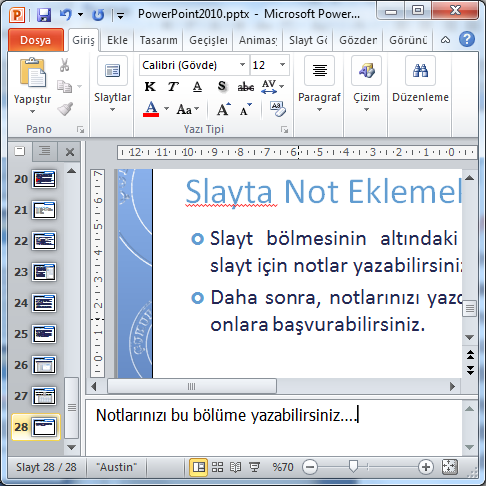 Slaytlara Not Eklemek Şekil 0-3: Slaytları Sıralama Slayt bölmesinin altındaki Notlar bölmesinde, geçerli slayt