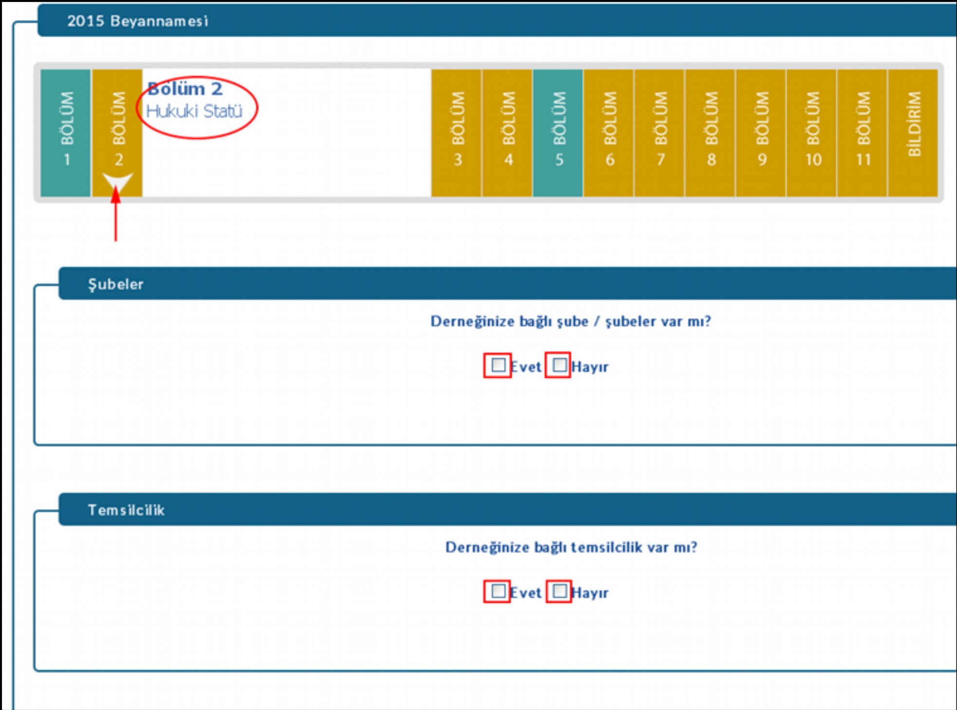 Beyannamede yer alan 2.Bölüm Hukuki Statü bölümüdür. Bu bölüm ve diğer bölümlerde evet ve hayır seçenekleri yer almaktadır.