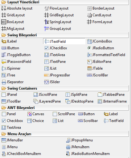5 Temel GUI (AWT ve Swing) Bileşen ve Olayları Java ile aşağıdaki bileşenleri kullanarak grafiksel ara yüze sahip programlar geliştirilebilir.