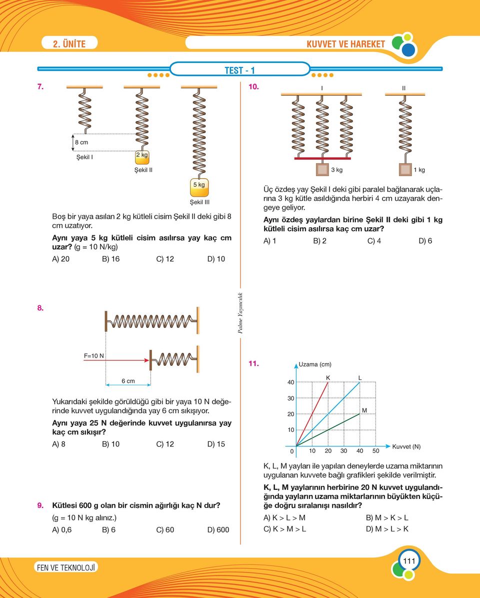(g = 10 N/kg) A) 20 B) 16 C) 12 D) 10 3 kg 1 kg Üç özdeş yay Şekil I deki gibi paralel bağlanarak uçlarına 3 kg kütle asıldığında herbiri 4 cm uzayarak dengeye geliyor.