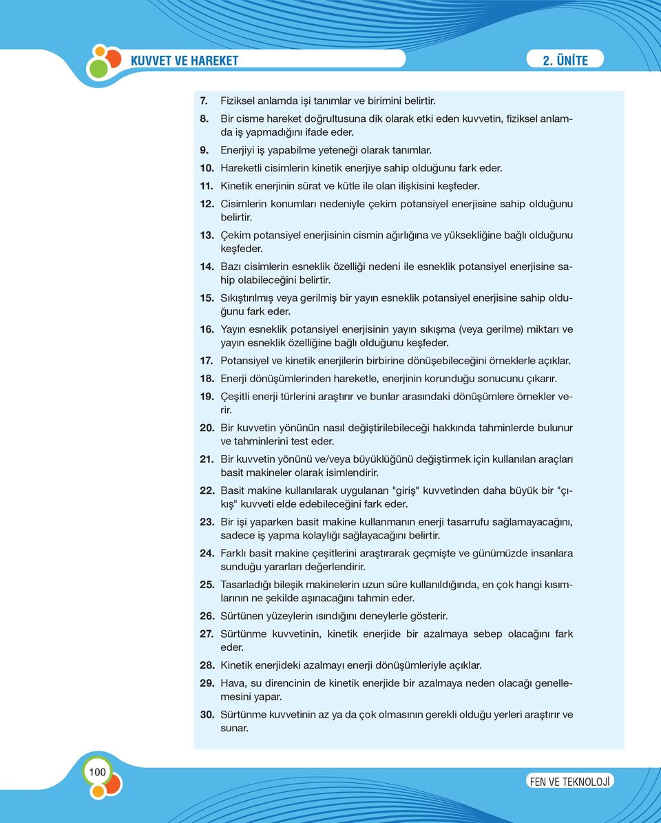 Cisimlerin konumları nedeniyle çekim potansiyel enerjisine sahip olduğunu belirtir. 13. Çekim potansiyel enerjisinin cismin ağırlığına ve yüksekliğine bağlı olduğunu keşfeder. 14.