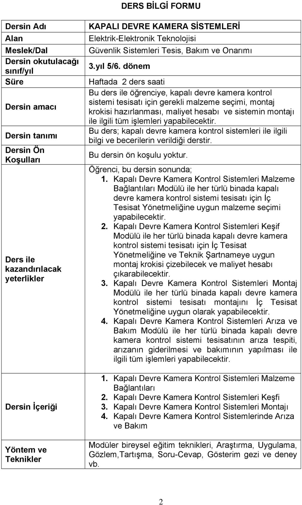 dönem Haftada 2 ders saati Bu ders ile öğrenciye, kapalı devre kamera kontrol sistemi tesisatı için gerekli malzeme seçimi, montaj krokisi hazırlanması, maliyet hesabı ve sistemin montajı ile ilgili