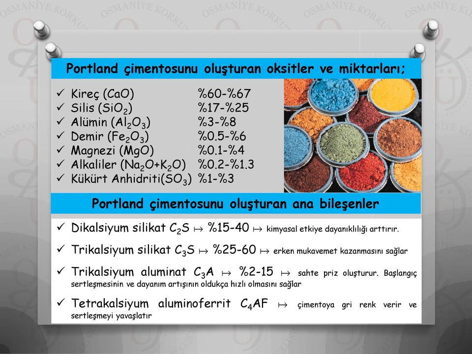 3 Kükürt Anhidriti(SO 3 ) %1-%3 Portland çimentosunu oluşturan ana bileşenler Dikalsiyum silikat C 2 S %15-40 kimyasal etkiye dayanıklılığı arttırır.