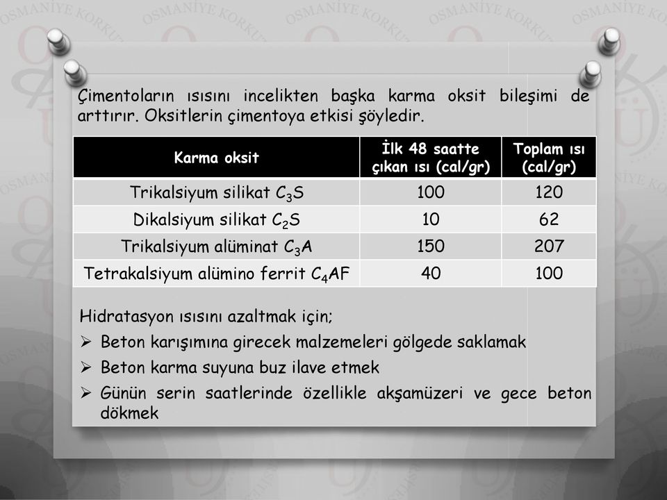 62 Trikalsiyum alüminat C 3 A 150 207 Tetrakalsiyum alümino ferrit C 4 AF 40 100 Hidratasyon ısısını azaltmak için; Beton