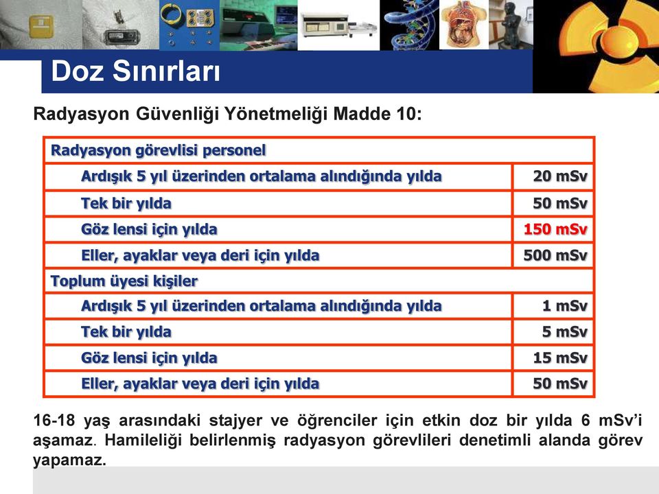 Tek bir yılda Göz lensi için yılda Eller, ayaklar veya deri için yılda 20 msv 50 msv 150 msv 500 msv 1 msv 5 msv 15 msv 50 msv 16-18 yaş