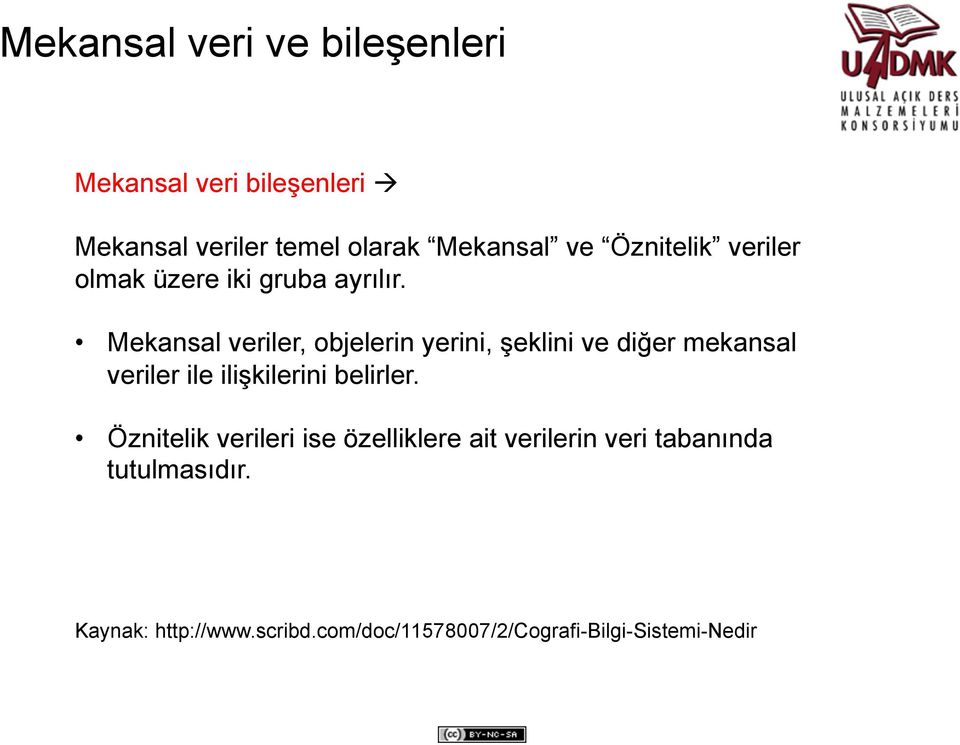 Mekansal veriler, objelerin yerini, şeklini ve diğer mekansal veriler ile ilişkilerini belirler.