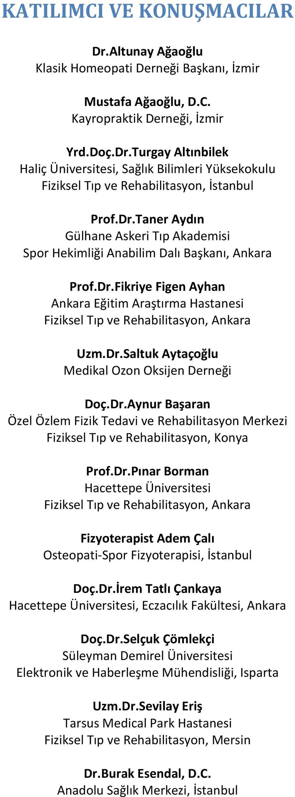 Dr.Aynur Başaran Özel Özlem Fizik Tedavi ve Rehabilitasyon Merkezi Fiziksel Tıp ve Rehabilitasyon, Konya Prof.Dr.Pınar Borman Hacettepe Üniversitesi Fiziksel Tıp ve Rehabilitasyon, Ankara Fizyoterapist Adem Çalı Osteopati-Spor Fizyoterapisi, İstanbul Doç.