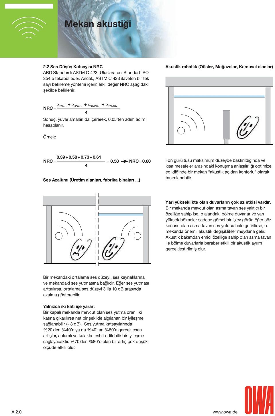 05 ten adım adım hesaplanır. Örnek: 0.39 + 0.58 + 0.73 + 0.61 NRC = 4 = 0.58 NRC = 0.60 Ses Azaltımı (Üretim alanları, fabrika binaları.