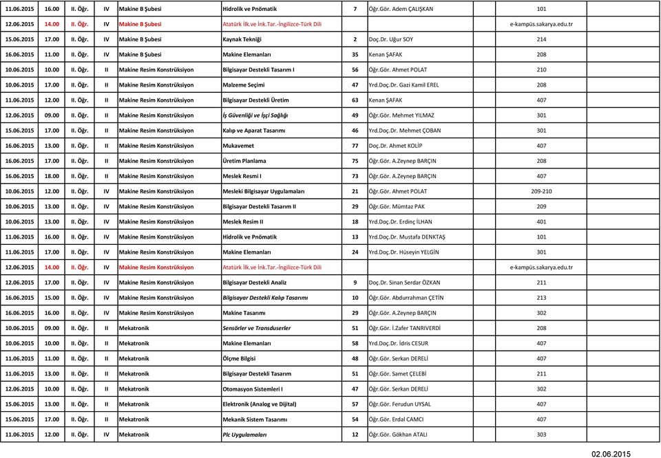 Gör. Ahmet POLAT 210 10.06.2015 17.00 II. Öğr. II Makine Resim Konstrüksiyon Malzeme Seçimi 47 Yrd.Doç.Dr. Gazi Kamil EREL 208 11.06.2015 12.00 II. Öğr. II Makine Resim Konstrüksiyon Bilgisayar Destekli Üretim 63 Kenan ŞAFAK 407 12.