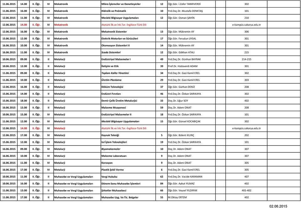 -İngilizce-Türk Dili e-kampüs.sakarya.edu.tr 12.06.2015 16.00 II. Öğr. IV Mekatronik Mekatronik Sistemler 13 Öğr.Gör. Mükremin AY 306 15.06.2015 12.00 II. Öğr. IV Mekatronik Elektrik Motorları ve Sürücüleri 17 Öğr.