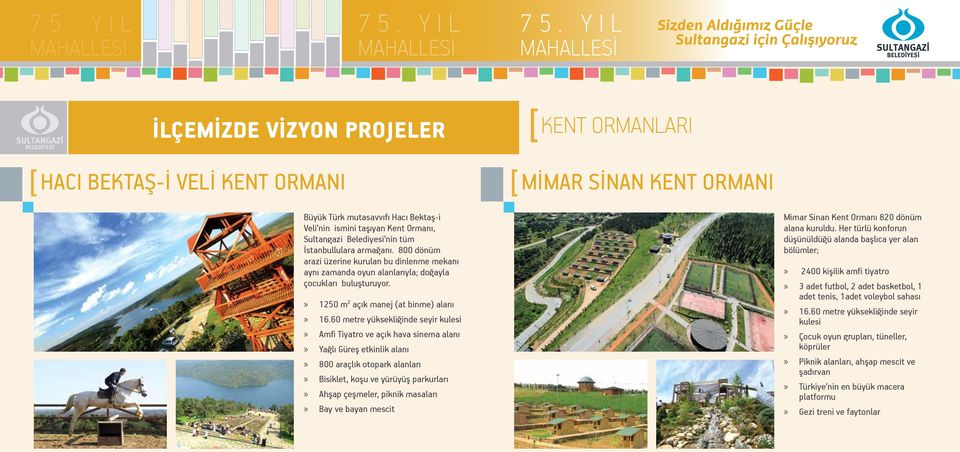 60 metre yüksekliğinde seyir kulesi Amfi Tiyatro ve açık hava sinema alanı Yağlı Güreş etkinlik alanı 800 araçlık otopark alanları Bisiklet, koşu ve yürüyüş parkurları Ahşap çeşmeler, piknik masaları