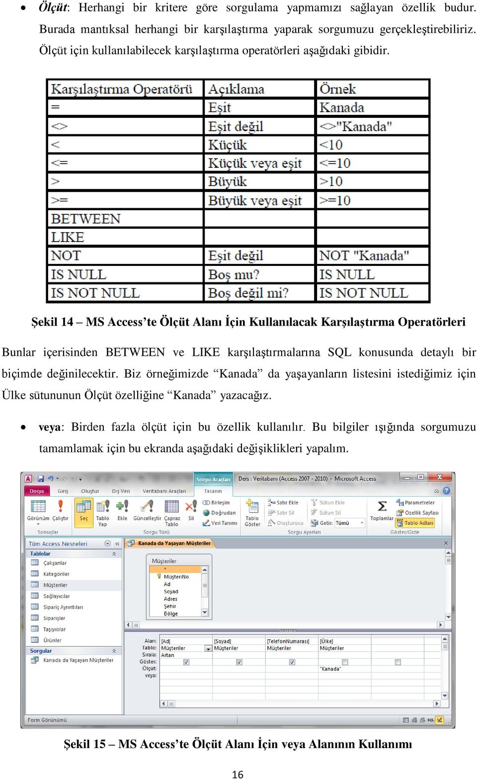 Şekil 14 MS Access te Ölçüt Alanı İçin Kullanılacak Karşılaştırma Operatörleri Bunlar içerisinden BETWEEN ve LIKE karşılaştırmalarına SQL konusunda detaylı bir biçimde değinilecektir.