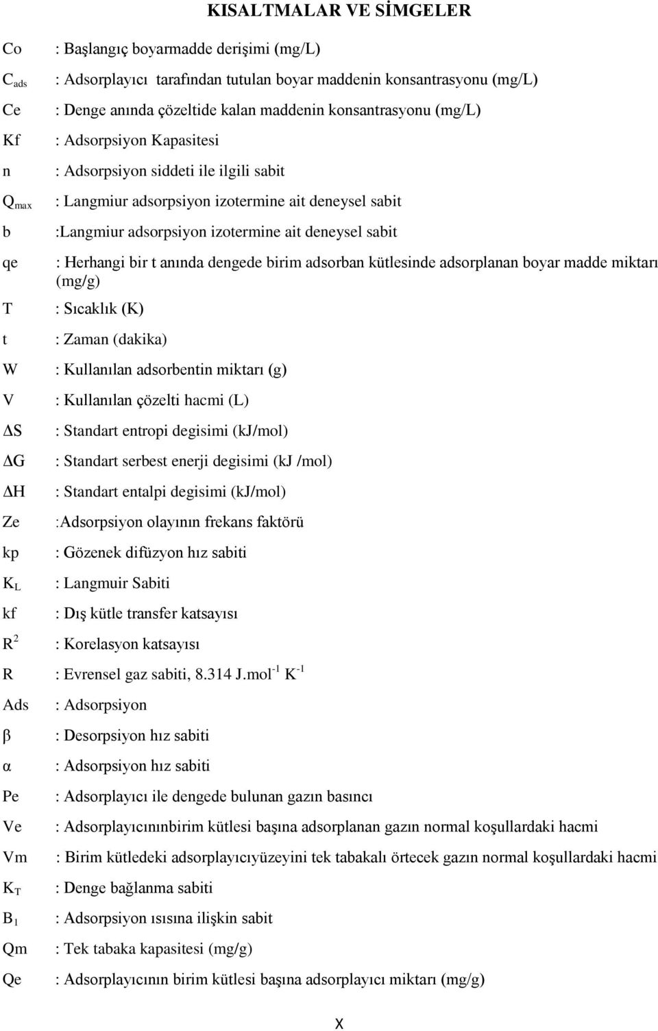 izotermine ait deneysel sabit : Herhangi bir t anında dengede birim adsorban kütlesinde adsorplanan boyar madde miktarı (mg/g) : Sıcaklık (K) : Zaman (dakika) : Kullanılan adsorbentin miktarı (g) :