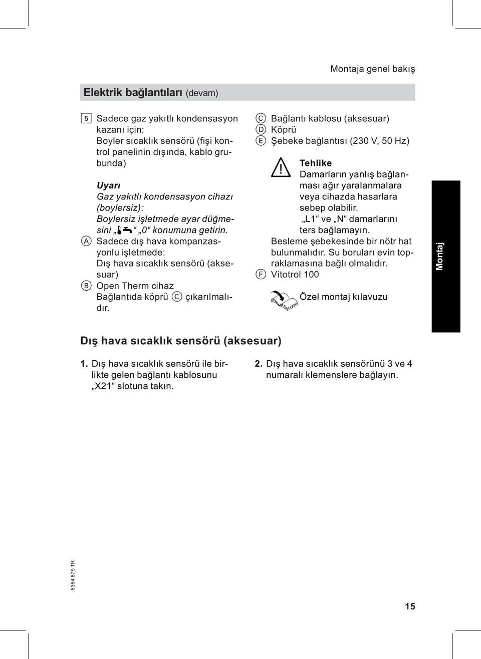 A Sadece dış hava kompanzasyonlu işletmede: Dış hava sıcaklık sensörü (aksesuar) B Open Therm cihaz Bağlantıda köprü C çıkarılmalıdır.