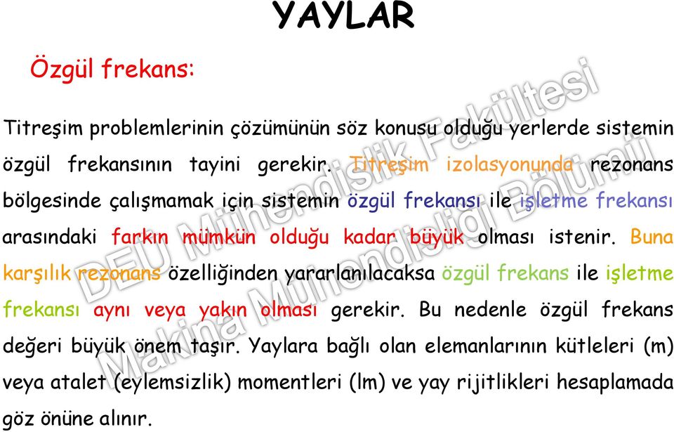 olması istenir. Buna karşılık rezonans özelliğinden yararlanılacaksa özgül frekans ile işletme frekansı aynı veya yakın olması gerekir.