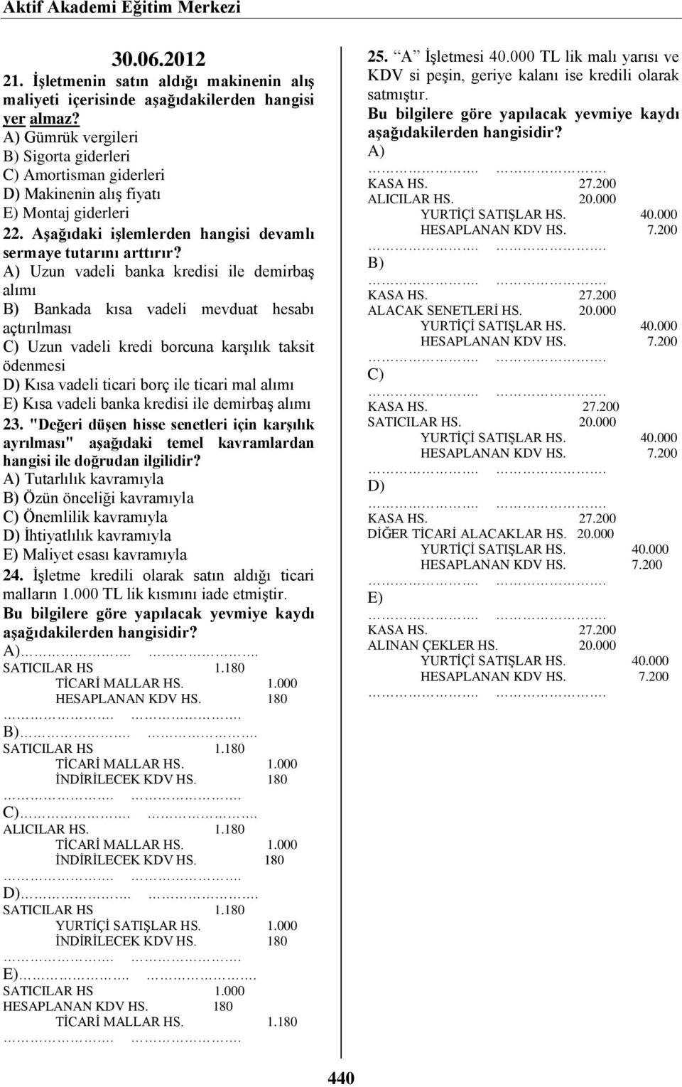 Uzun vadeli banka kredisi ile demirbaş alımı Bankada kısa vadeli mevduat hesabı açtırılması Uzun vadeli kredi borcuna karşılık taksit ödenmesi Kısa vadeli ticari borç ile ticari mal alımı Kısa vadeli