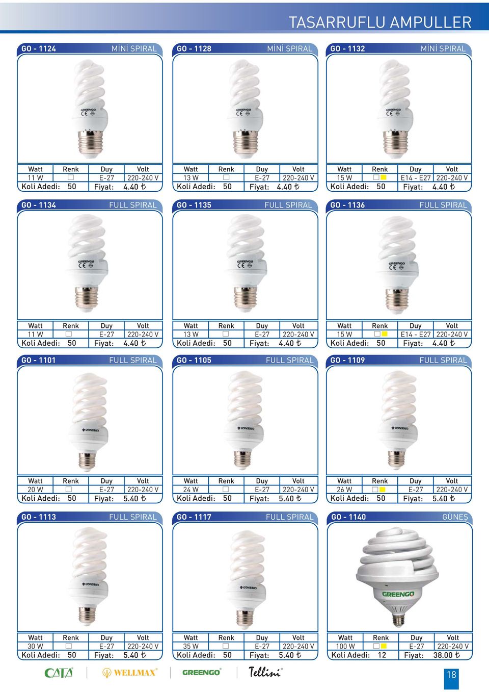 40 15 W E14 - E27 220-240 V Koli Adedi: 50 4.40 GO - 1101 FULL SPIRAL GO - 1105 FULL SPIRAL GO - 1109 FULL SPIRAL 20 W E-27 220-240 V Koli Adedi: 50 5.40 24 W E-27 220-240 V Koli Adedi: 50 5.