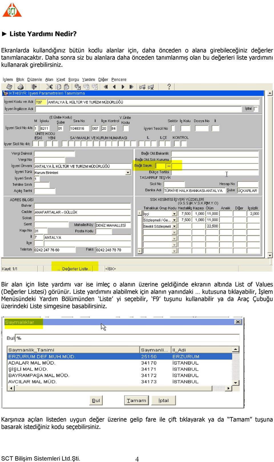 Bir alan için liste yardımı var ise imleç o alanın üzerine geldiğinde ekranın altında List of Values (Değerler Listesi) görünür.