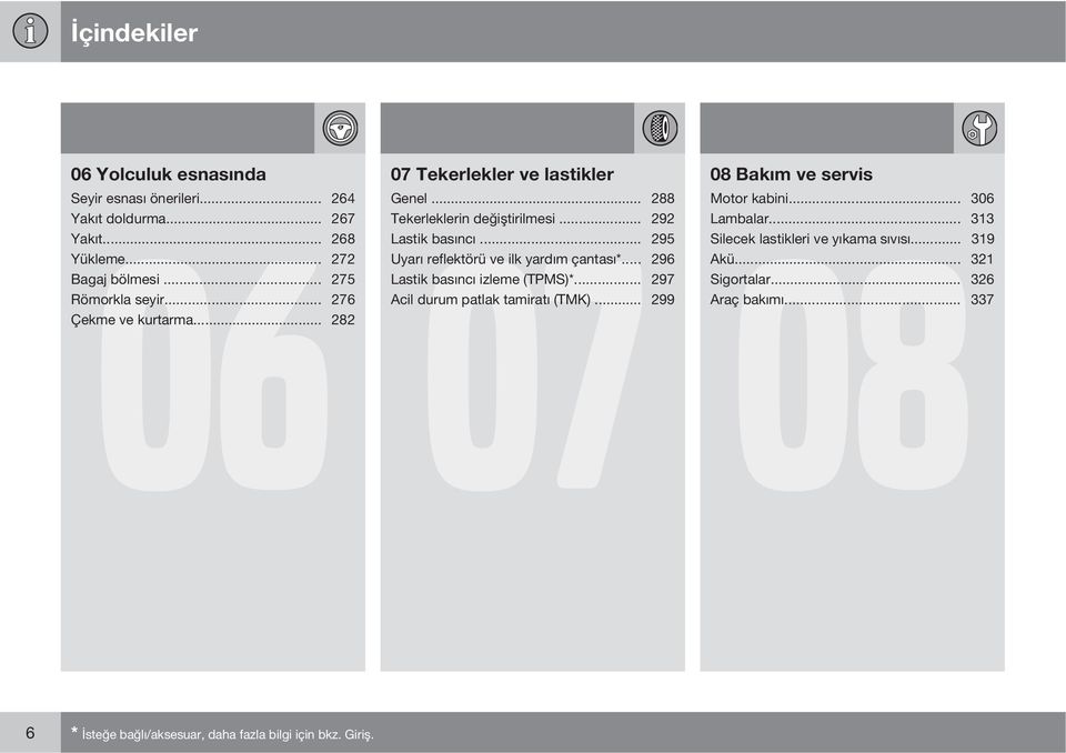 .. 295 Uyarı reflektörü ve ilk yardım çantası*... 296 Lastik basıncı izleme (TPMS)*... 297 Acil durum patlak tamiratı (TMK).