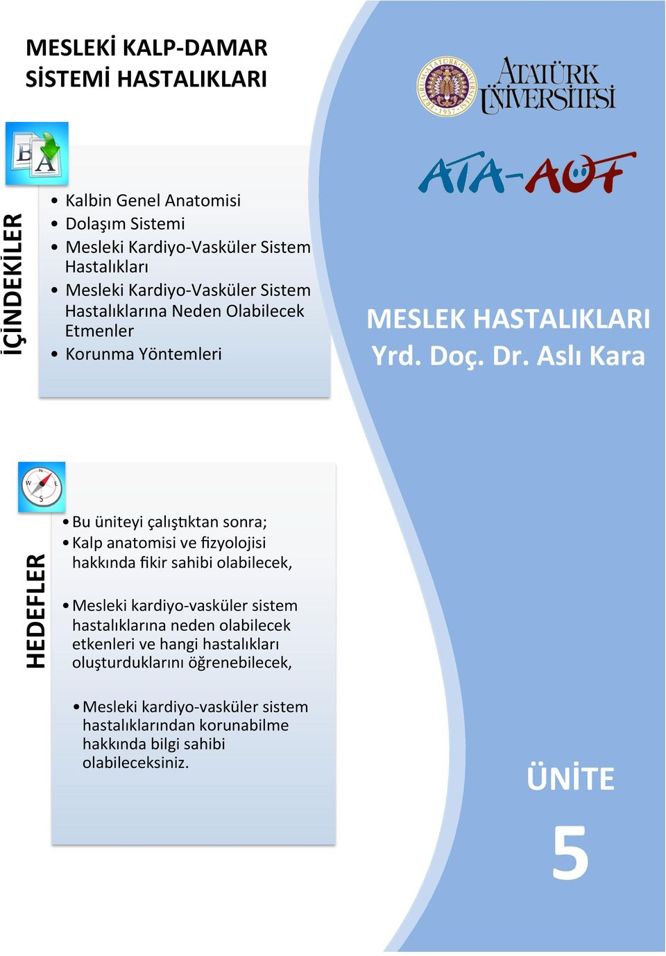 Aslı Kara HEDEFLER Bu üniteyi çalışfktan sonra; Kalp anatomisi ve fizyolojisi hakkında fikir sahibi olabilecek, Mesleki kardiyo- vasküler sistem